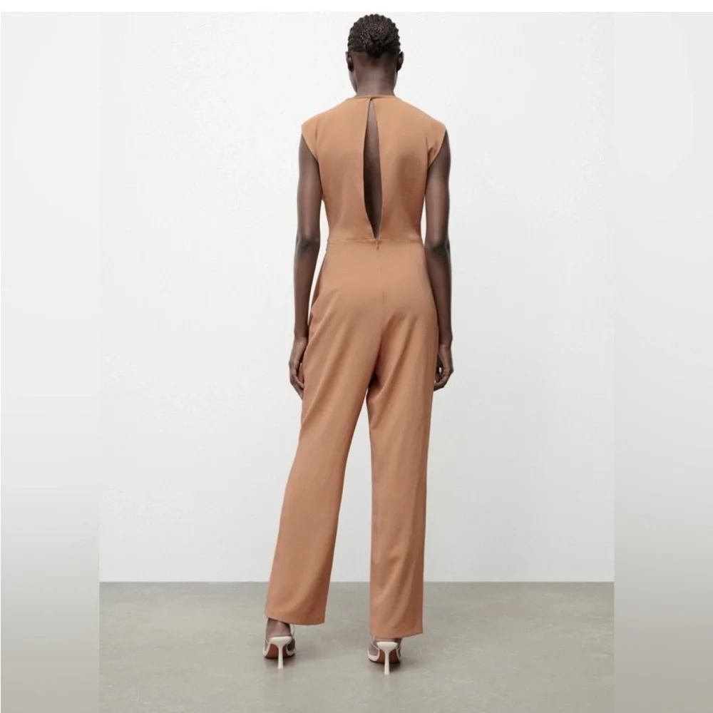 Zara NWT beige tan wrap O ring tie open back cutout jumpsuit
